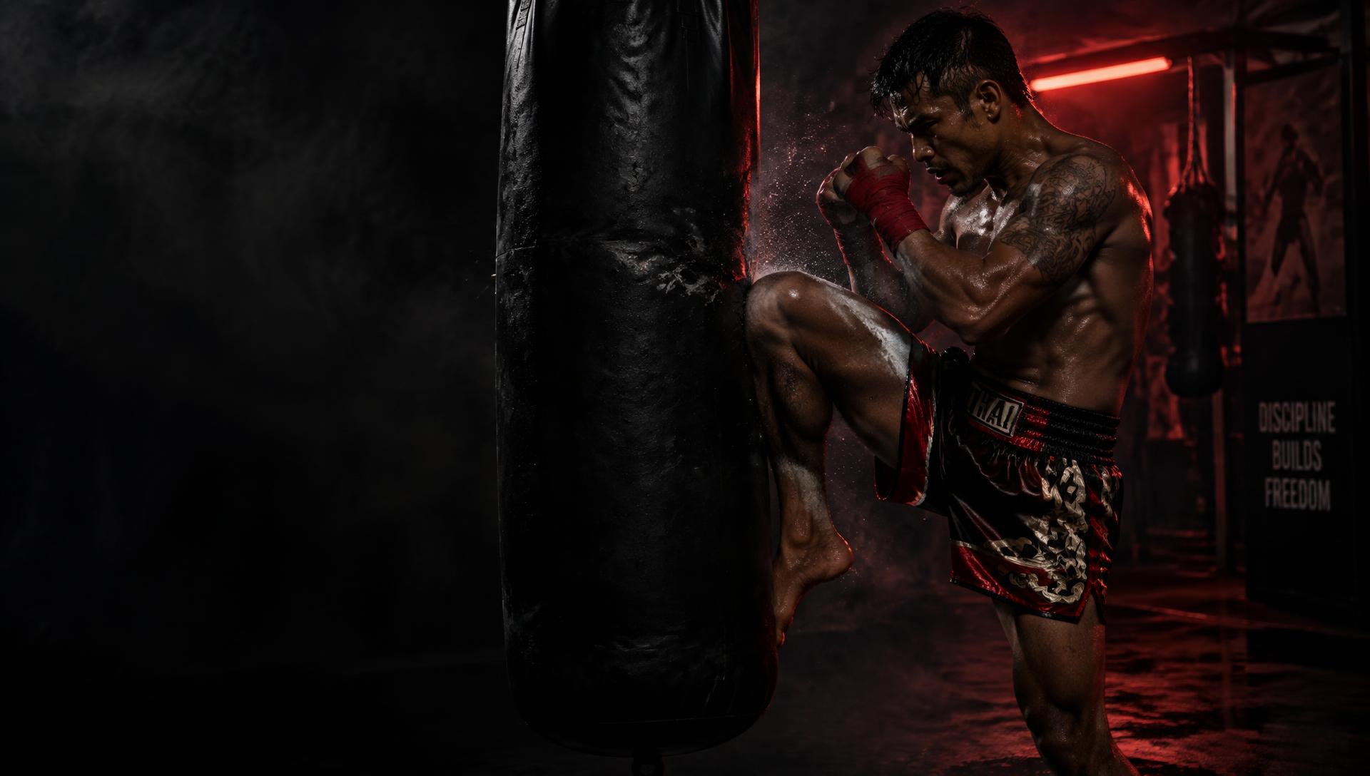 Lutador de Muay Thai aplicando joelhada no saco de pancada